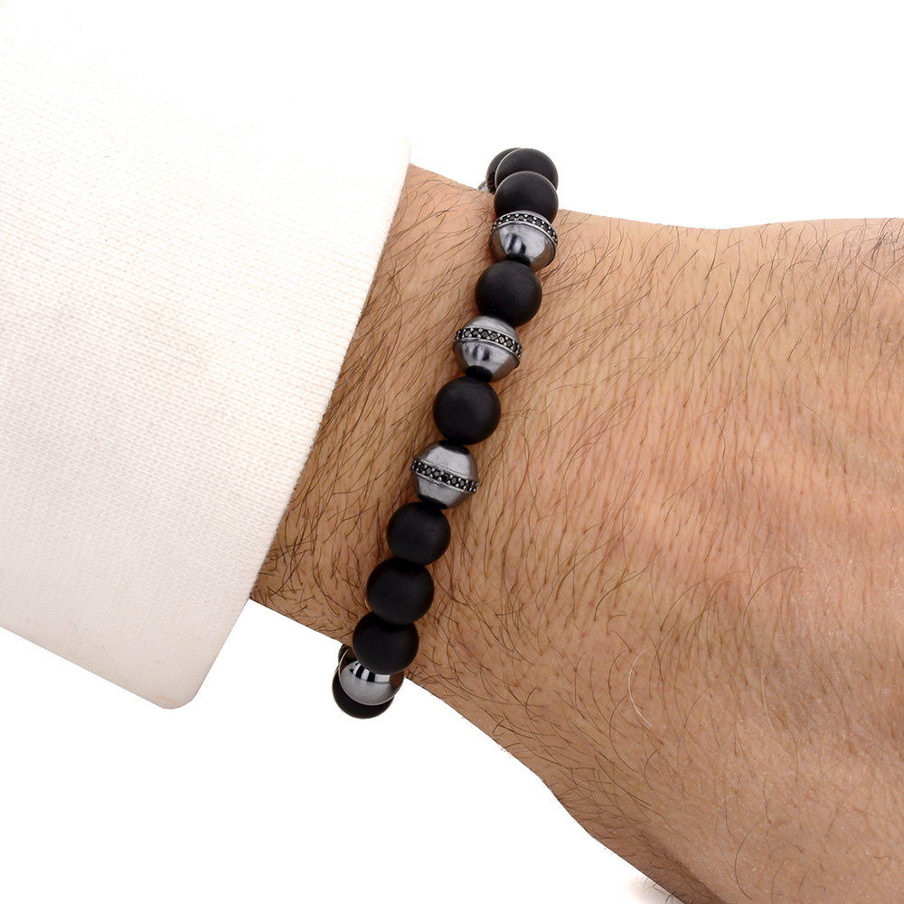 Aldgate siyah akik ve hematit taşlı gümüş erkek bileklik