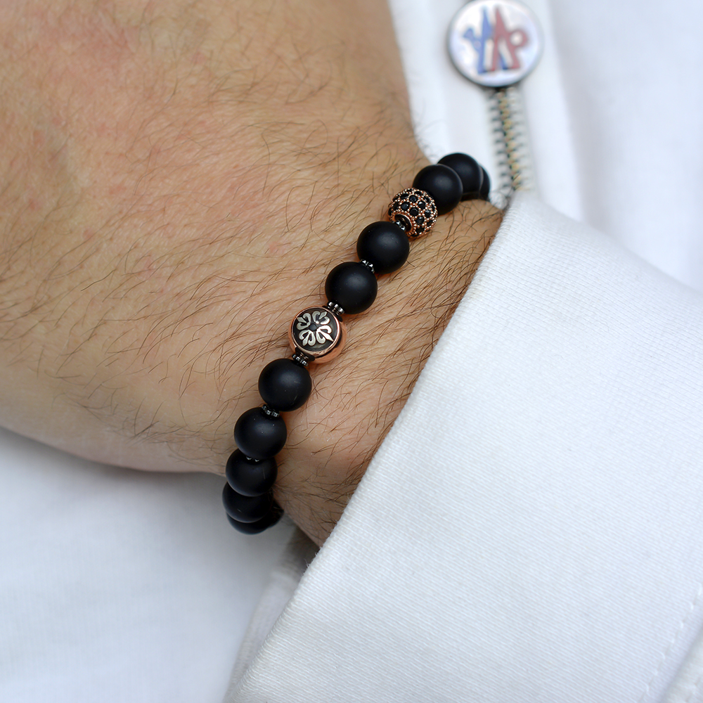 BANK - Siyah Akik Taşlı Tasarım Unisex Gümüş Bileklik | LMB-1158