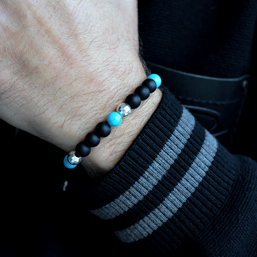 KENNINGTON - Siyah Akik & Aquamarine Taşlı Makrome Bileklik | LMB-1118