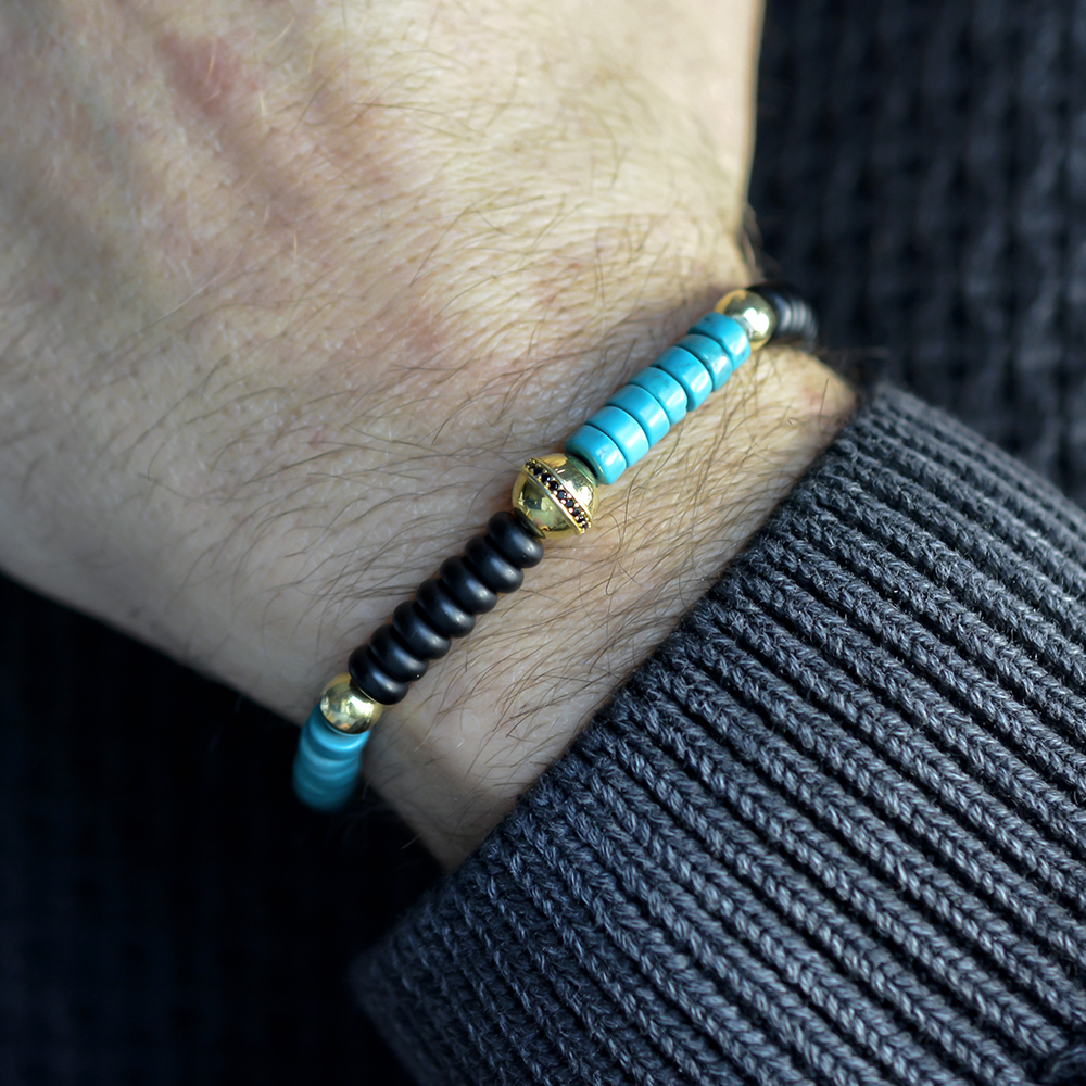 BRIXTON - Turkuaz & Oniks Taşlı Spor Tasarım Gümüş Bileklik | LMB-1106