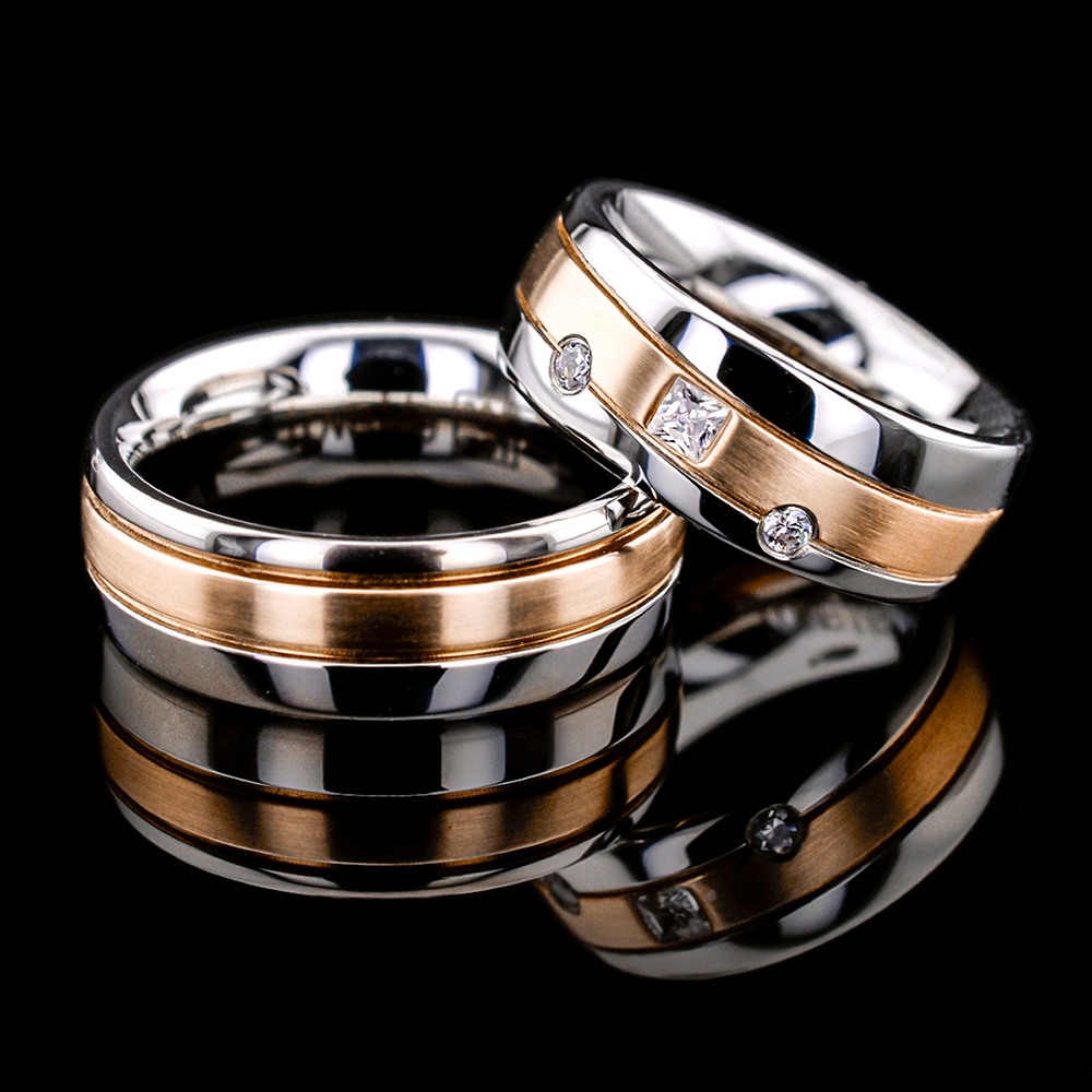 PRAGUE – 1 Çift 7.80 mm Genişlik Mücevher Kalitesinde Mat-Parlak Kombin Kararmaz Unisex Çelik Alyans Yüzük | LM-024