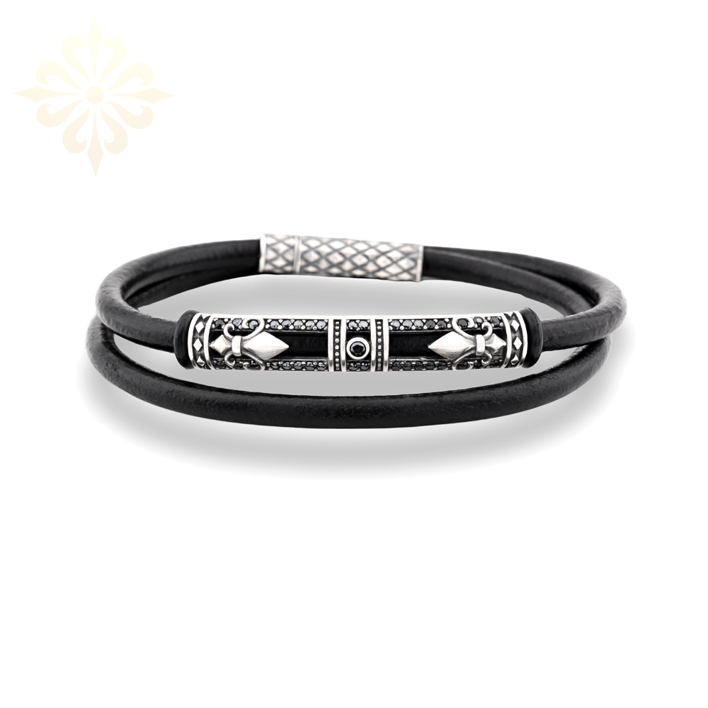 YEREVAN – Oksit Gümüş & Siyah Deri Siyah Taşlı Bileklik | LMB-3010-W2S