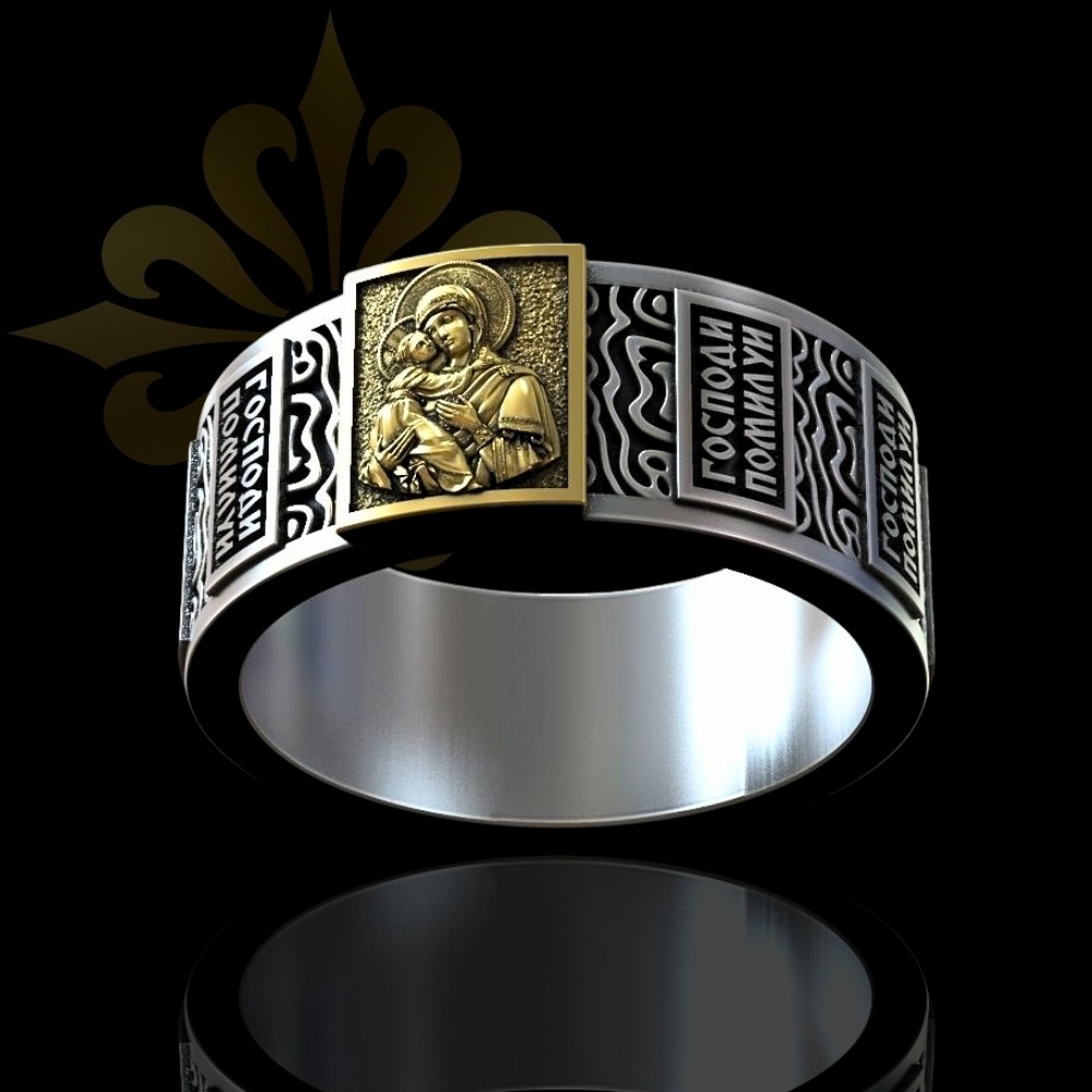 NICOSIA – Başmelek Mikail, Meryem Ana ve İsa Mesih İşlemeli Erkek Yüzük | LMR-404