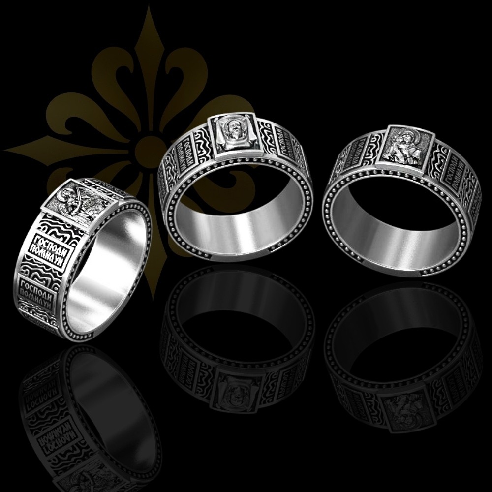 NICOSIA – Başmelek Mikail, Meryem Ana ve İsa Mesih İşlemeli Erkek Yüzük | LMR-404